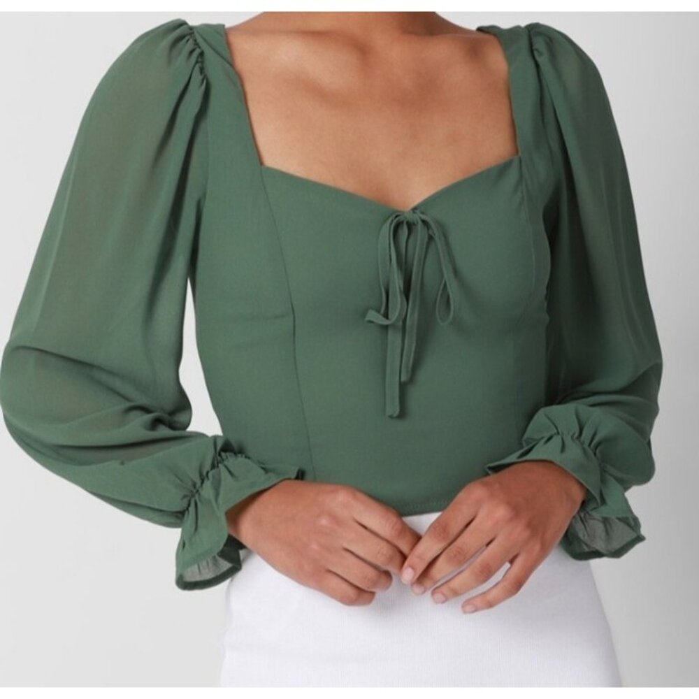 Women’s Forever 21 Green Sheer LS Rouched Back Cropped Blouse Square Neck Sz M
